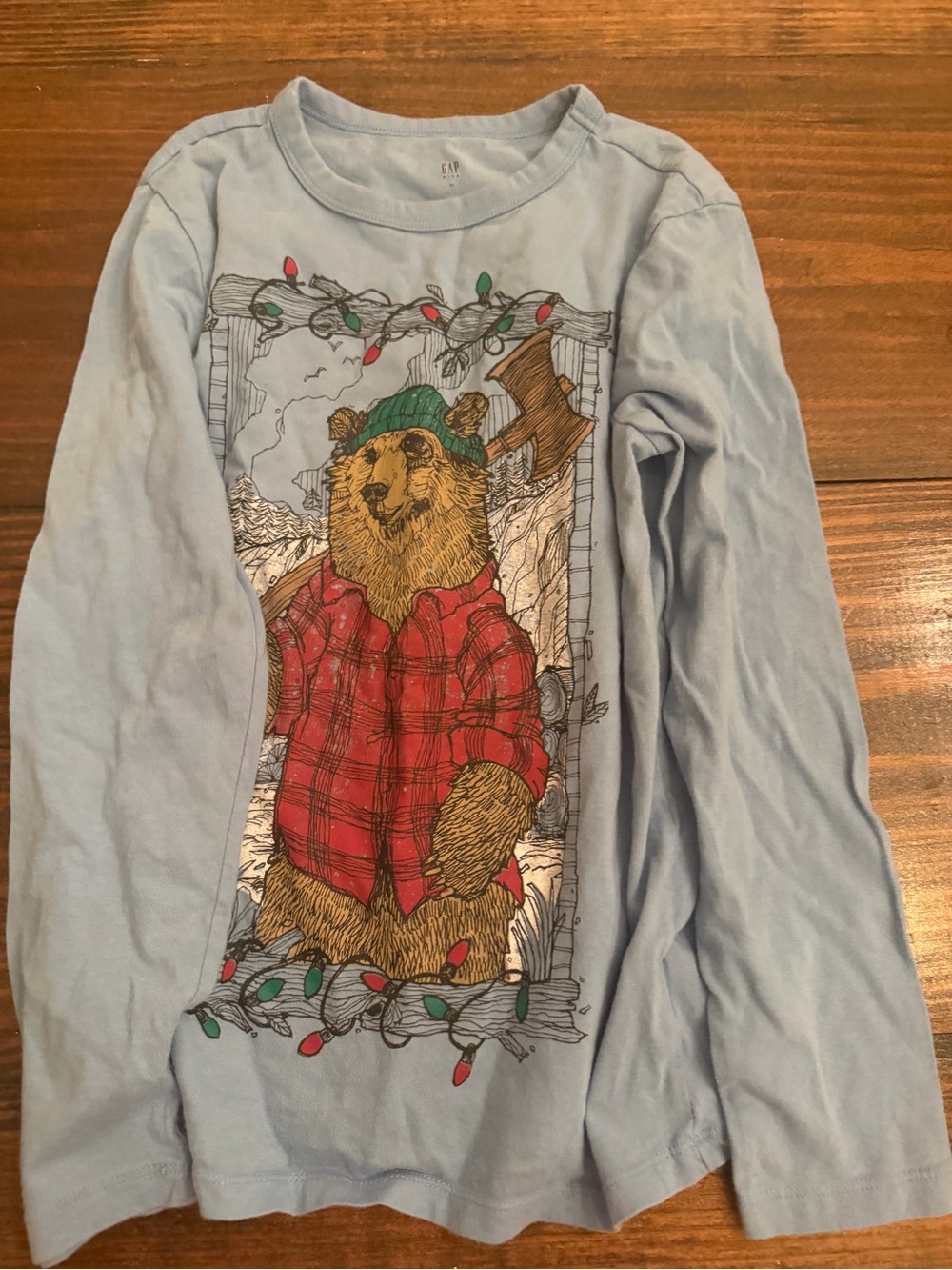GAP Light Blue Long Sleeve Tee with Bear in Red Plaid